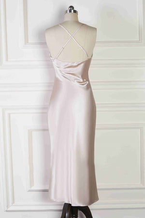 Spaghetti Straps Cowl Neck Tea-Length Champagne Sheath Bridesmaid Dress – Bridesmaid Dresses by KissProm | Available at KissProm