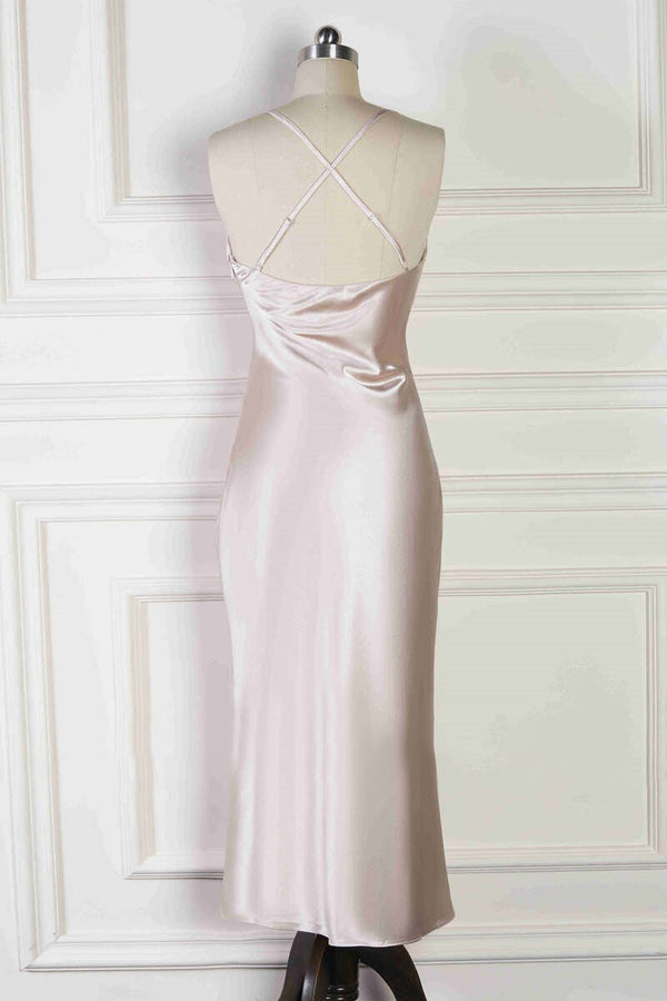 Spaghetti Straps Cowl Neck Tea-Length Champagne Sheath Bridesmaid Dress – Bridesmaid Dresses by KissProm | Available at KissProm