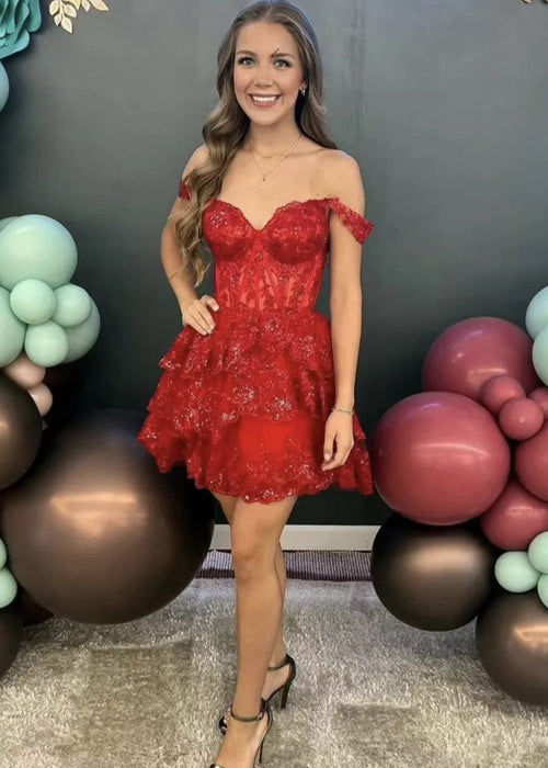 Red - A-Line Sweetheart Tiered Short Homecoming & Cocktail Dresses – Homecoming Dresses by KissProm | Available at KissProm