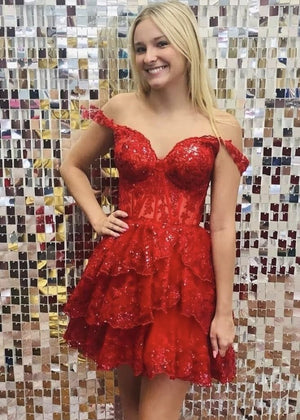 Red - A-Line Sweetheart Tiered Short Homecoming & Cocktail Dresses – Homecoming Dresses by KissProm | Available at KissProm