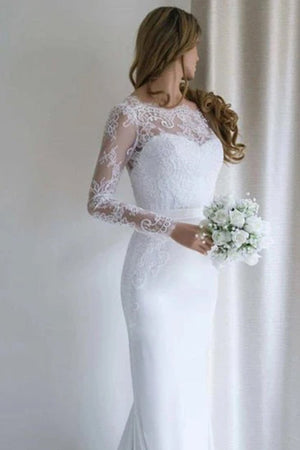 Bateau Lace Long Sleeve Sheath Chiffon Wedding Dress With Sweep Train - KissProm