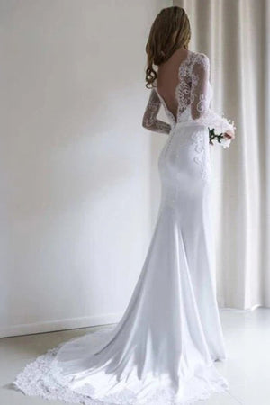 Bateau Lace Long Sleeve Sheath Chiffon Wedding Dress With Sweep Train - KissProm