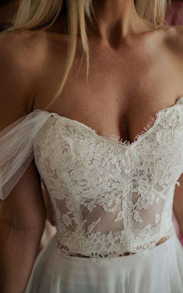 Orlanda | A-Line Lace White Lace-Up Off-the-Shoulder Wedding Dress with Slit