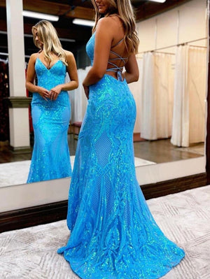 Spaghetti Straps Pink Glitter Backless Mermaid Bodycon Long Prom Dress – Prom Dress by KissProm | Available at KissProm