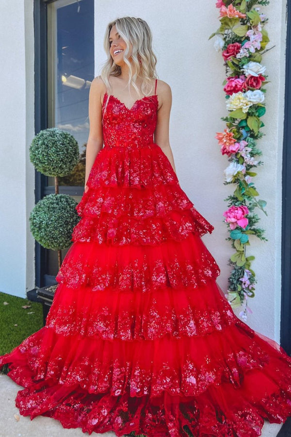 A Line Spaghetti Straps Tiered Lace Prom Dress – Prom Dress by KissProm | Available at KissProm