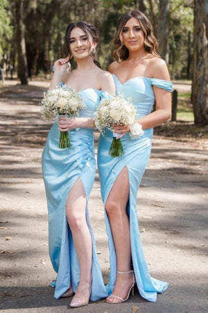 Blue Off-the-Shoulder Pleated Long Bridesmaid Dress with Slit – Bridesmaid Dresses by KissProm | Available at KissProm