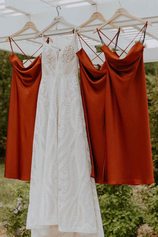 Spaghetti Straps Cowl Neck Tea-Length Champagne Sheath Bridesmaid Dress – Bridesmaid Dresses by KissProm | Available at KissProm