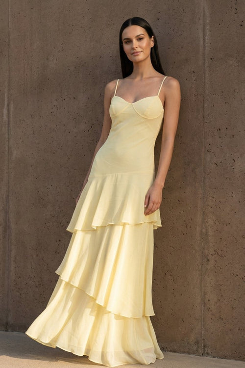 Yellow Spaghetti Straps Chiffon Sheath Long Formal Prom Dresses With Ruffles – Prom Dress by KissProm | Available at KissProm
