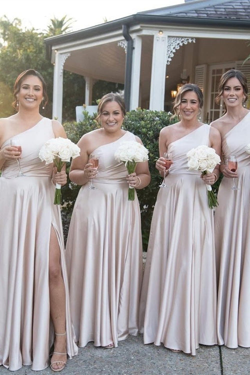 Light Pink One Shoulder A - line Satin Long Bridesmaid Dress with Slit - KissProm