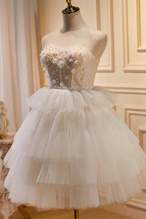 White Tulle 3D Floral Lace A-Line Tiered Homecoming Dress