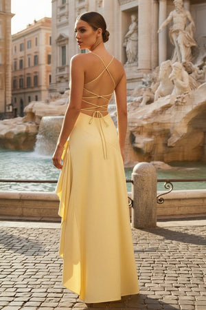 Esoria | Yellow - Spaghetti Straps Sheath Satin High Low Prom Dresses With Ruffles - KissProm