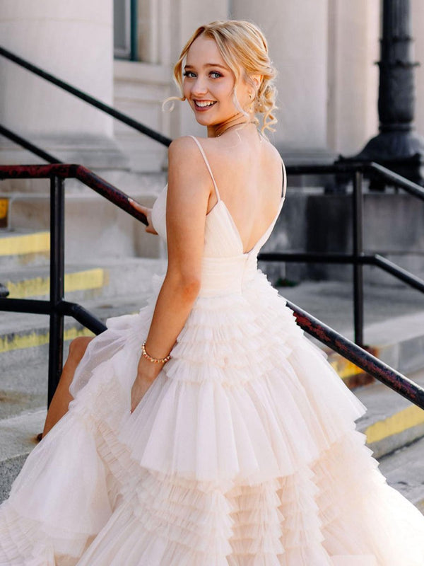 Tulle Deep V Neck Spaghetti Straps Long Prom Dress – Prom Dress by KissProm | Available at KissProm