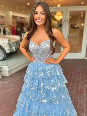 A Line Spaghetti Straps Tiered Lace Prom Dress – Prom Dress by KissProm | Available at KissProm