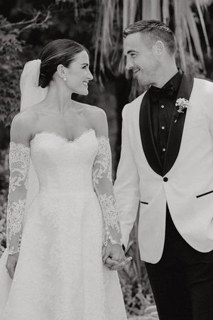 Vintage A-Line Sweetheart White Lace Wedding Dresses with Slit