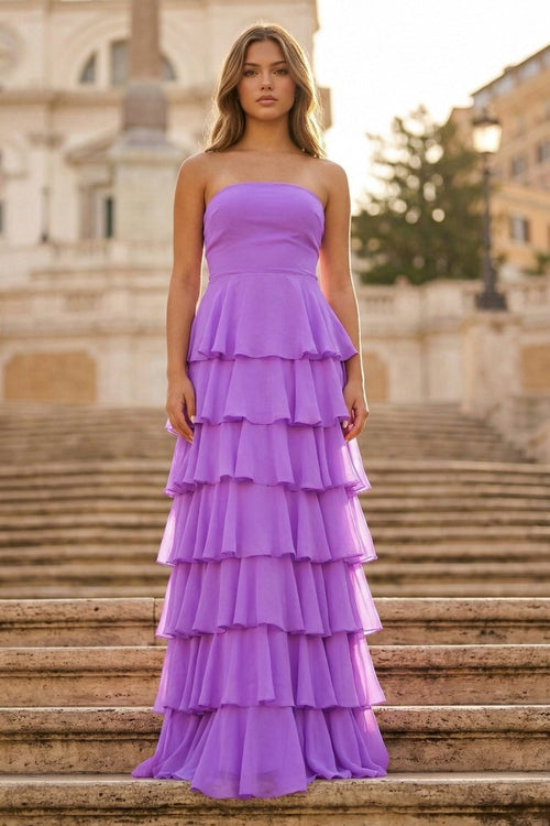Purple Strapless A Line Chiffon Long Prom Dress With Ruffles - KissProm