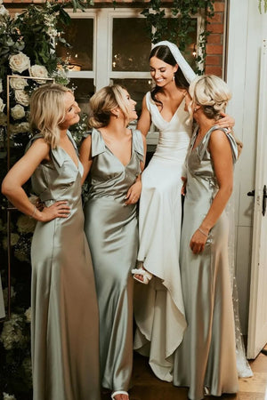 Sheath V Neck Sage Green Silk Satin Bridesmaid Dress with Bow – Bridesmaid Dresses by KissProm | Available at KissProm