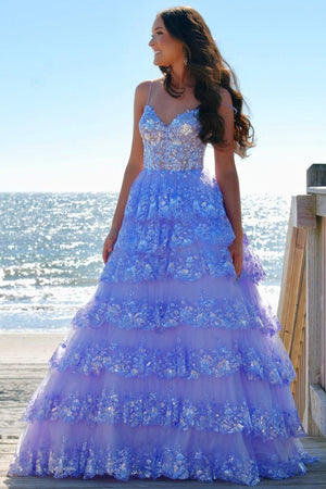 A Line Spaghetti Straps Tiered Lace Prom Dress – Prom Dress by KissProm | Available at KissProm