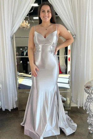 Sage Green Spaghetti Strap Backless Trumpet Long Gown - KissProm