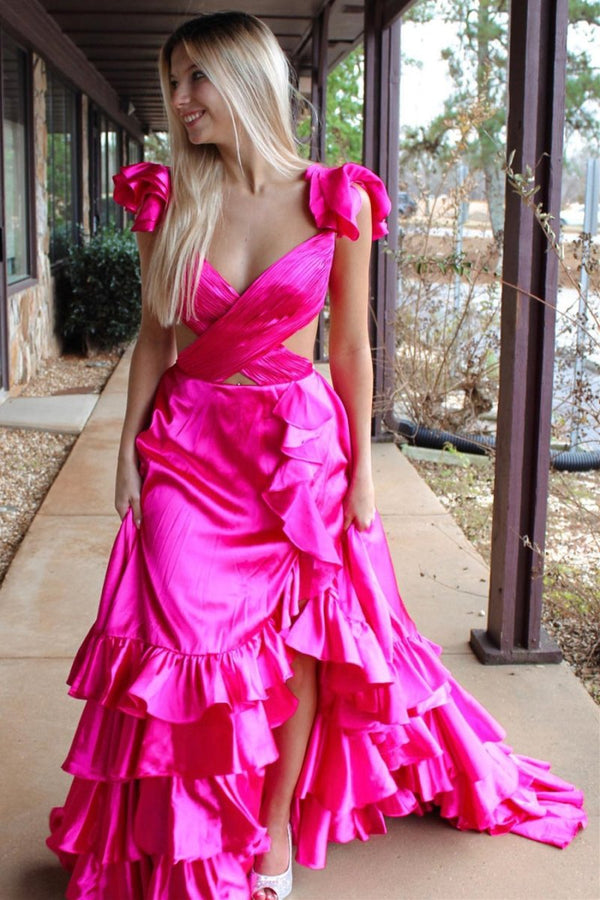 Brittany | Red Cutout Ruffle A-Line Long Prom Dress with Slit