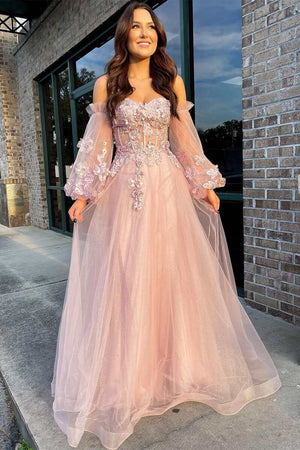 Pink Tulle Strapless A-Line Prom Dress with Balloon Sleeves