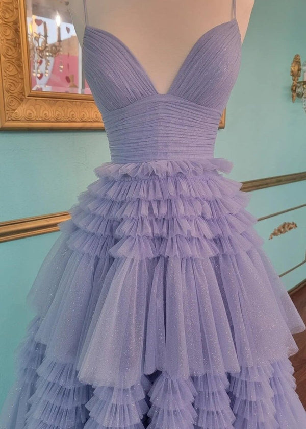 Amanda| A-Line Spaghetti Straps Long Tiered Tulle Prom Dress With Split