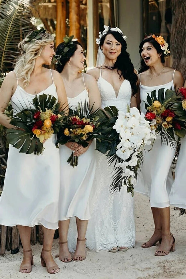 Spaghetti Straps Tea - length White Chiffon Bridesmaid Dress - KissProm