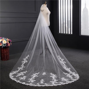 Vintage Long Wedding Veil with Flower Appliques - KissProm