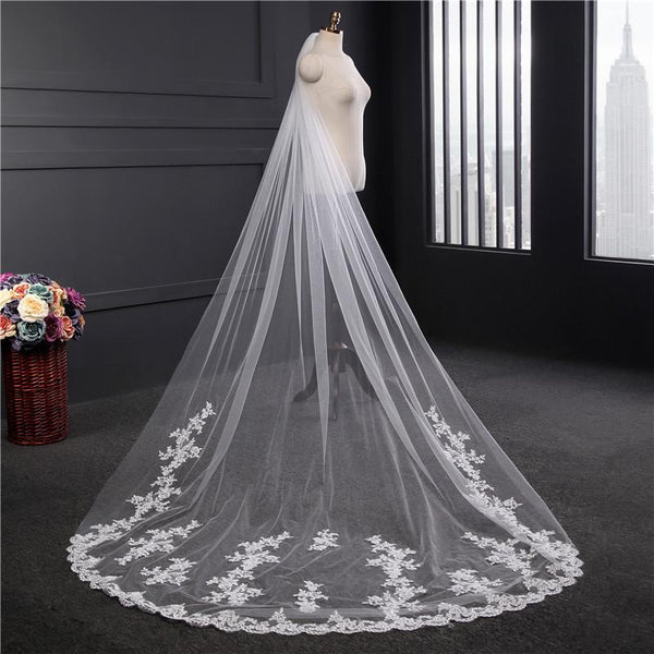 Vintage Long Wedding Veil with Flower Appliques - KissProm