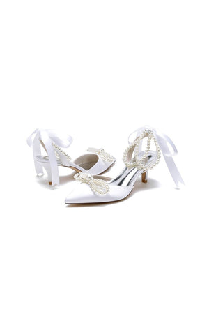 Pearl Ribbon Pointed Toe Ankle Strap High Heels - KissProm