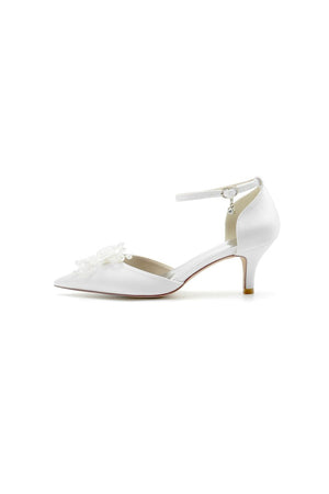 Floral Pointed Toe Beading Kitten Heels - KissProm