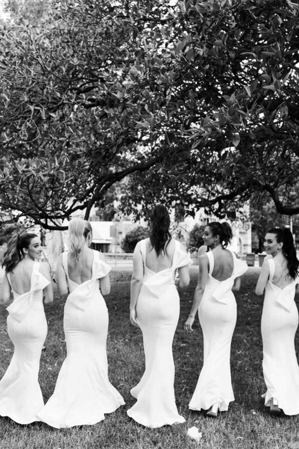 White Bow - Back Mermaid Long Bridesmaid Dress - KissProm