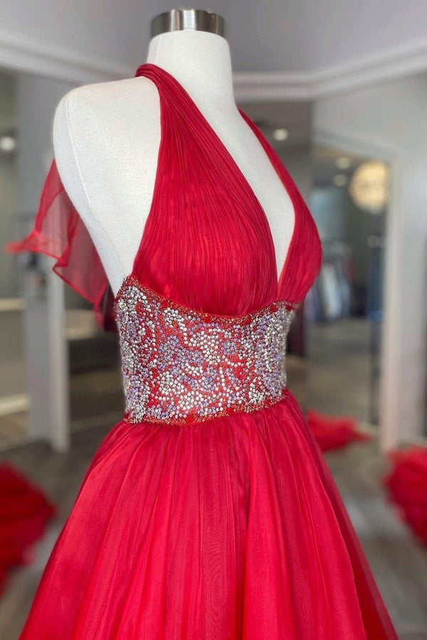 Red Beaded Halter Backless A-Line Long Prom Gown – Prom Dress by KissProm | Available at KissProm