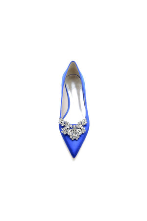 Satin Pointed Toe Rhinestone Kitten Heels - KissProm