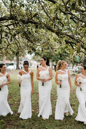 White Bow - Back Mermaid Long Bridesmaid Dress - KissProm