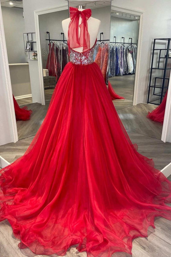Red Beaded Halter Backless A-Line Long Prom Gown – Prom Dress by KissProm | Available at KissProm