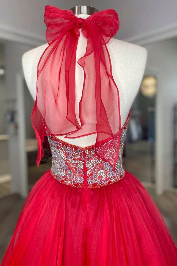 Red Beaded Halter Backless A-Line Long Prom Gown – Prom Dress by KissProm | Available at KissProm