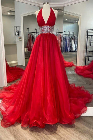 Red Beaded Halter Backless A-Line Long Prom Gown – Prom Dress by KissProm | Available at KissProm
