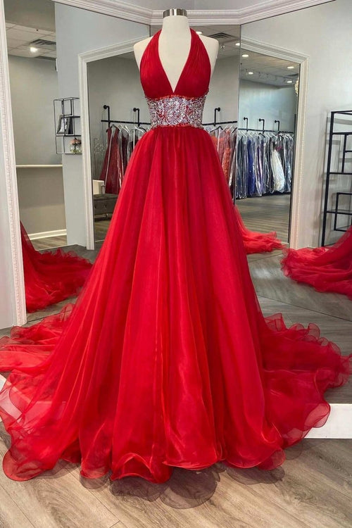 Red Beaded Halter Backless A-Line Long Prom Gown – Prom Dress by KissProm | Available at KissProm