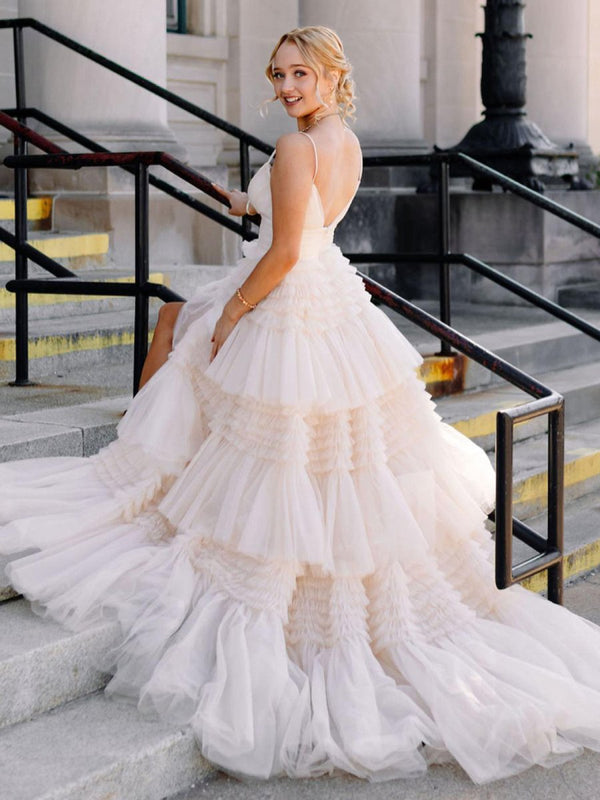 Tulle Deep V Neck Spaghetti Straps Long Prom Dress – Prom Dress by KissProm | Available at KissProm