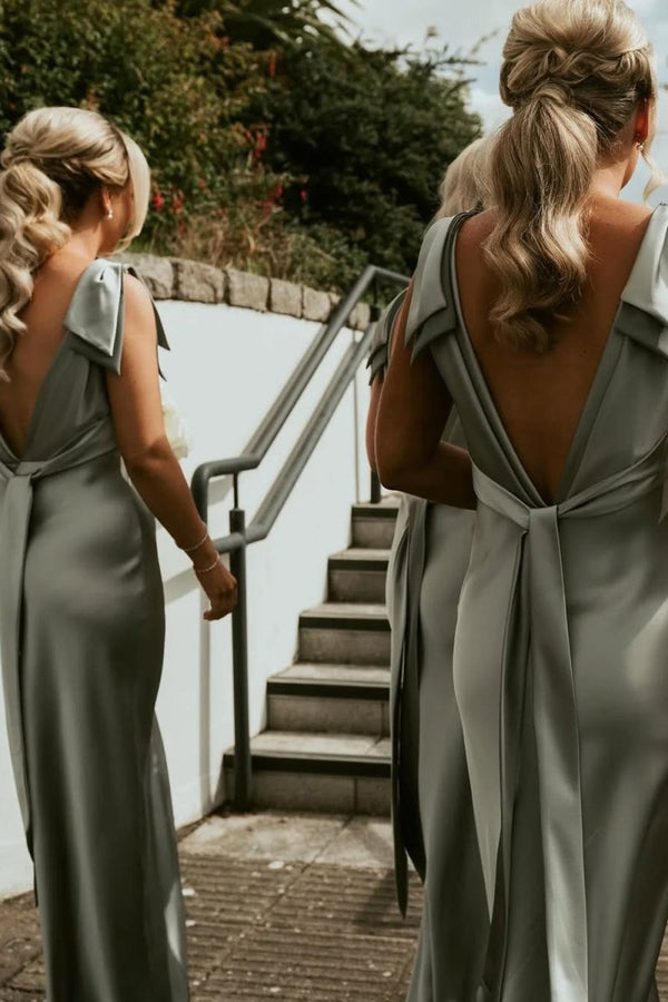 Sheath V Neck Sage Green Silk Satin Bridesmaid Dress with Bow – Bridesmaid Dresses by KissProm | Available at KissProm