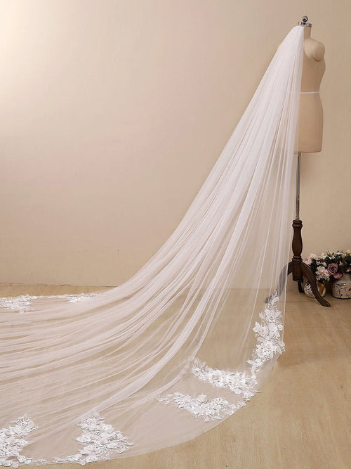 3D Flower Lace with Rhinestones Cathedral Veil Bridal Veil Wedding Veil - KissProm