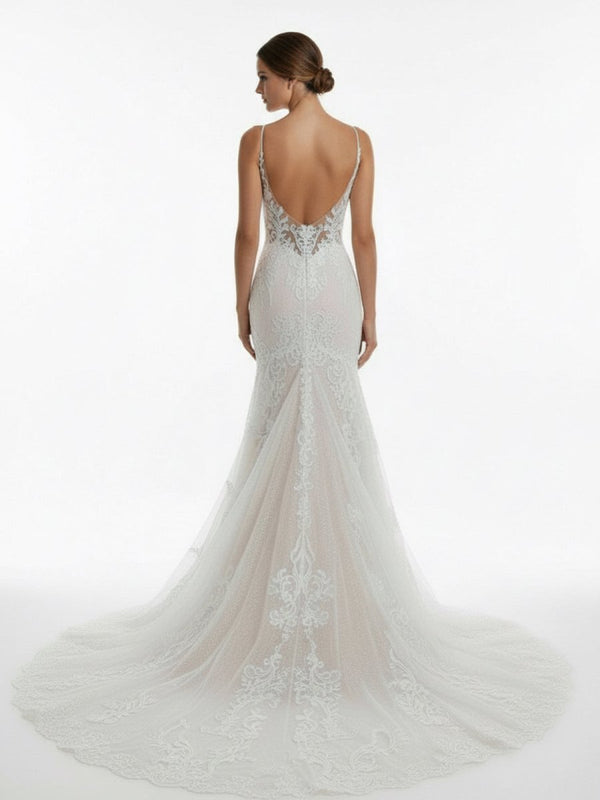 Aliza | Ivory Mermaid Spaghetti Straps Backless Long Lace Wedding Dress - KissProm