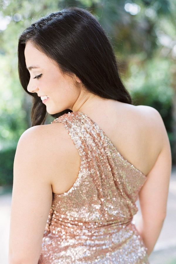 One Shoulder Rose Gold Sequins Sheath Long Bridesmaid Dress - KissProm
