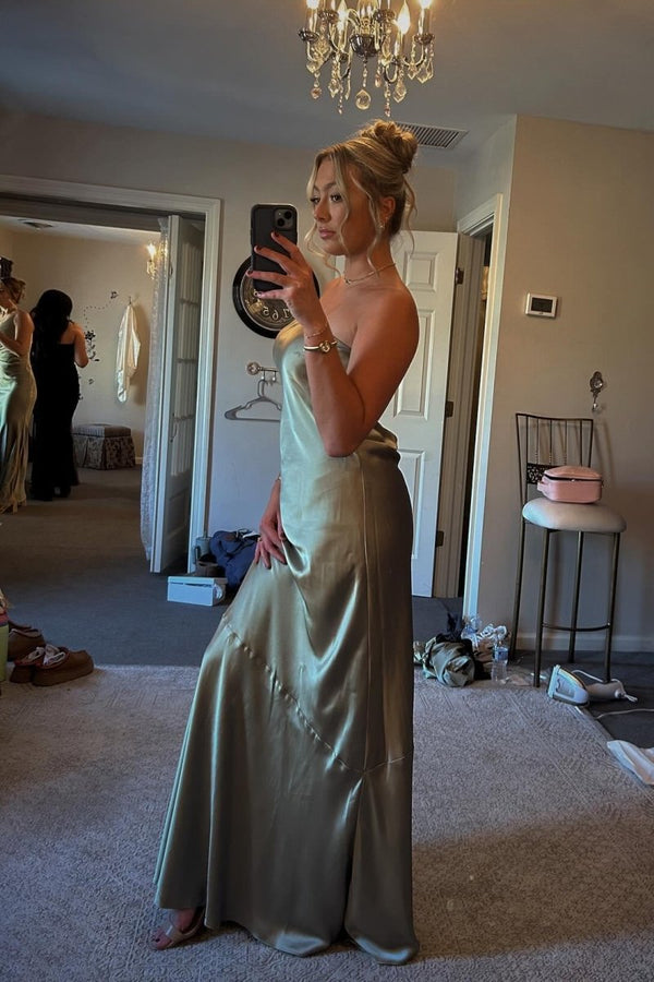 Strapless Olive Green Satin Sheath Long Party Dress - KissProm