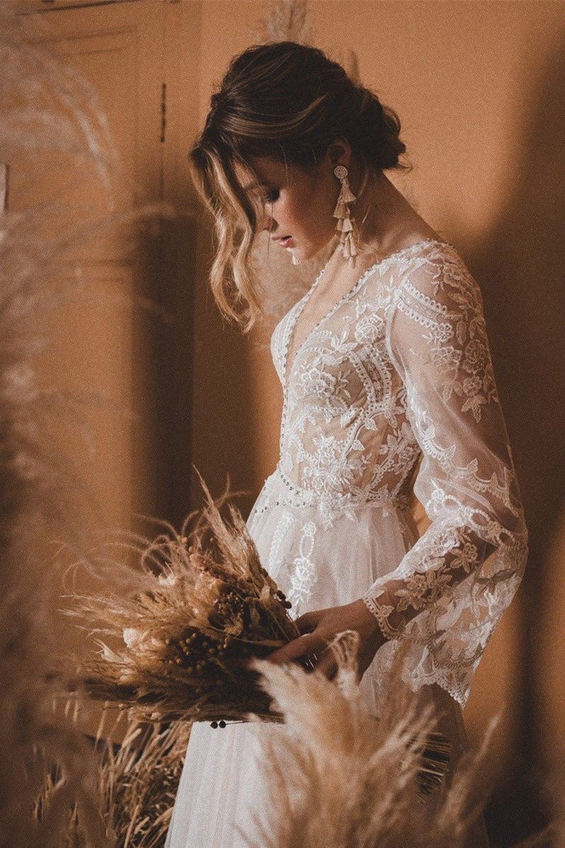 A-Line Lace Top Flare Sleeves Open Back Wedding Dress