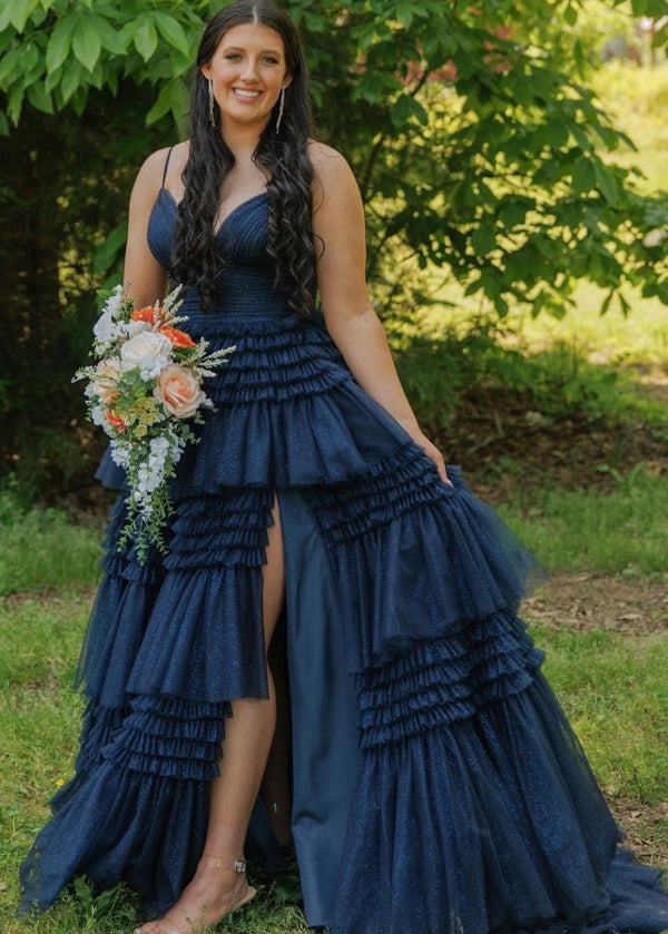 Amanda| A-Line Spaghetti Straps Long Tiered Tulle Prom Dress With Split