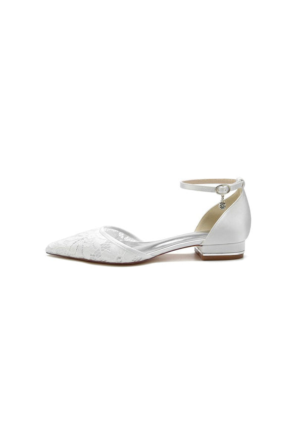 Lace Pointed Toe Ankle Strap Kitten Heels - KissProm
