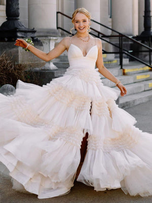 Tulle Deep V Neck Spaghetti Straps Long Prom Dress – Prom Dress by KissProm | Available at KissProm