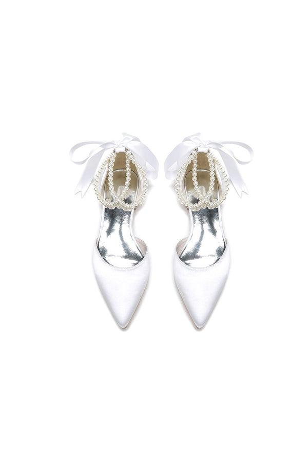 Pointed Toe Pearl Ribbon Ankle Strap Kitten Heels - KissProm