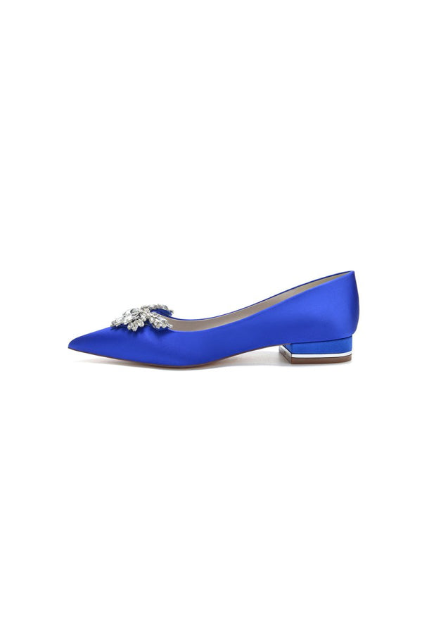 Satin Pointed Toe Rhinestone Kitten Heels - KissProm